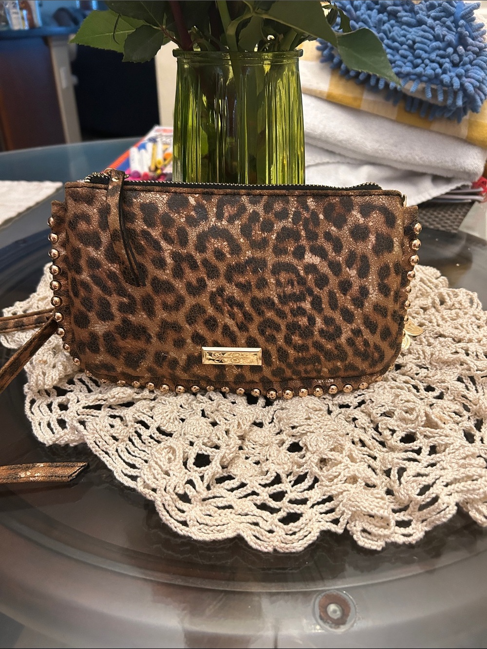 Leopard Print Studded Wristlet Clutch - Brown